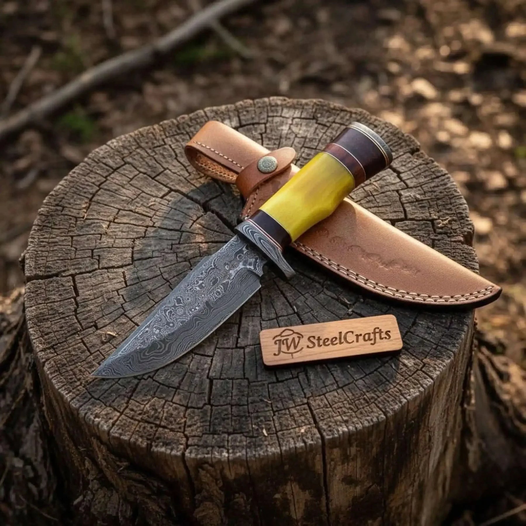 Handmade Hunter Clip Point Bowie Knife Damascus Steel Yellow Handle JW SteelCrafts by JW SteelCrafts
