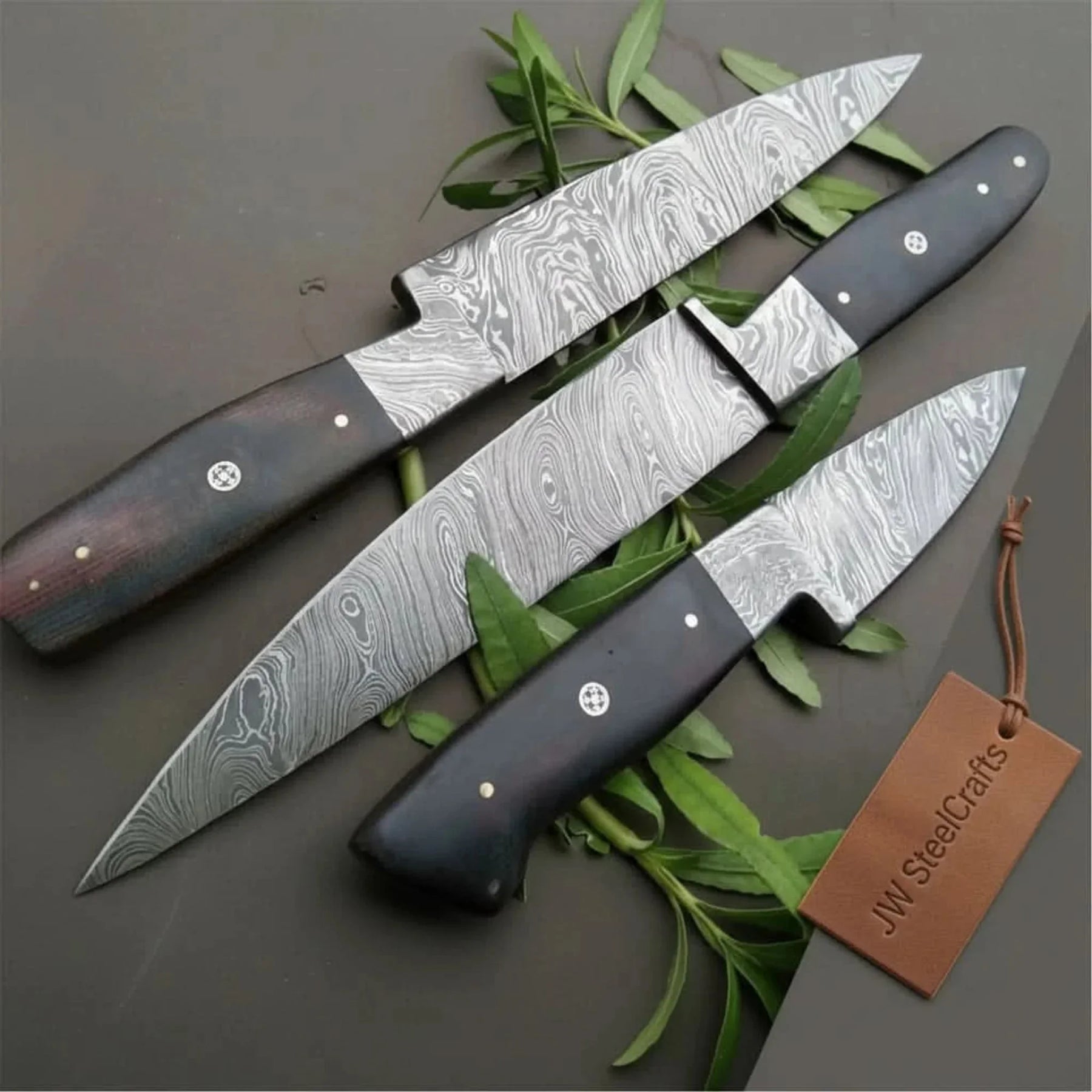 3-Piece Twisted Damascus Knife Set with Black Micarta Handles detail view by JW SteelCrafts