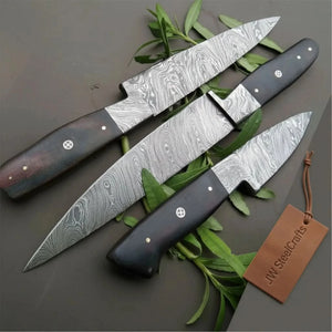 3-Piece Twisted Damascus Knife Set with Black Micarta Handles detail view by JW SteelCrafts