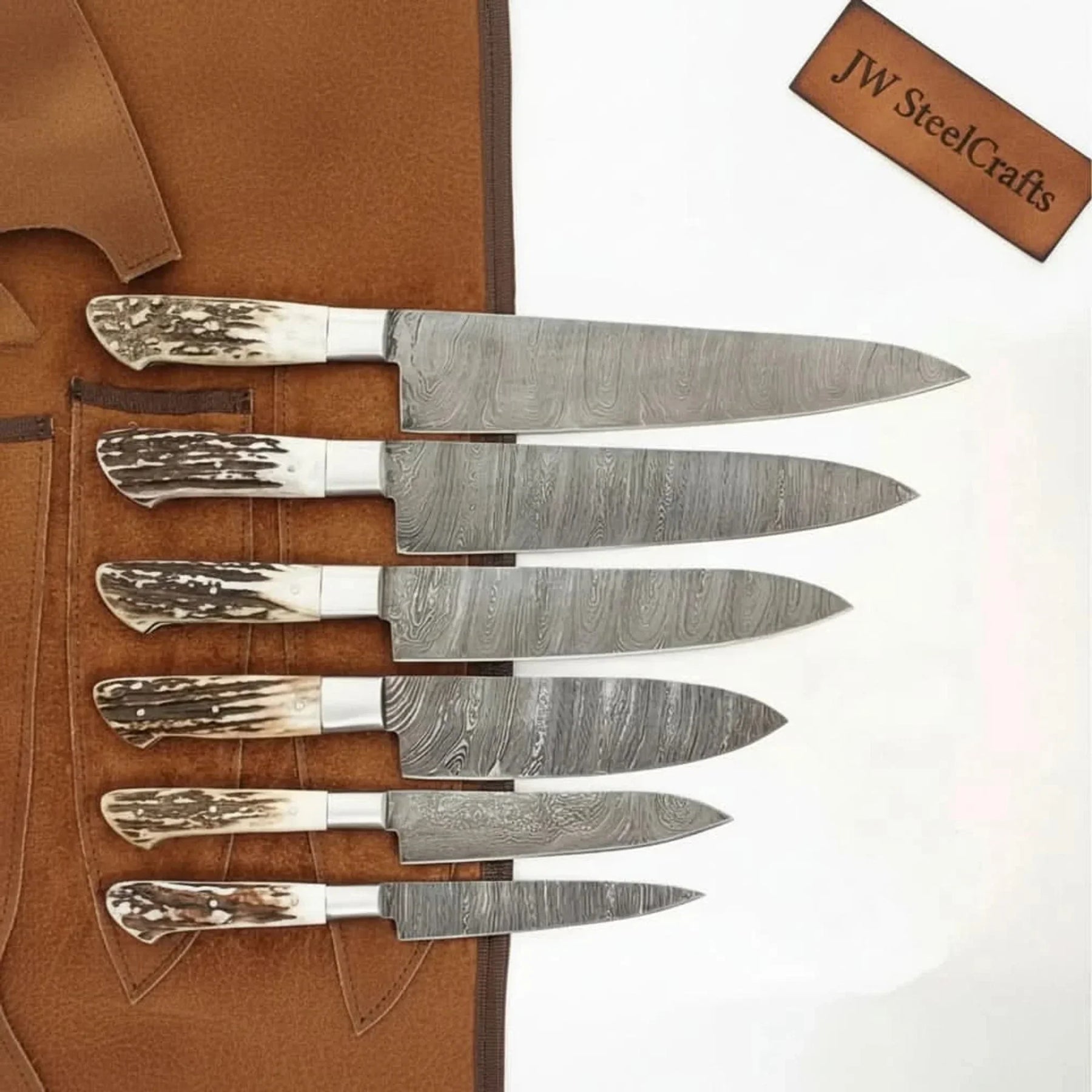 7-Piece Damascus Kitchen Knife Set — Synthetic Stag Horn Handles, Brass Bolsters & Full Tang Forged Blades detail view by JW