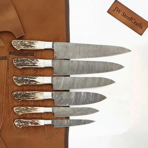 7-Piece Damascus Kitchen Knife Set — Synthetic Stag Horn Handles, Brass Bolsters & Full Tang Forged Blades detail view by JW