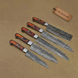 5-Piece Damascus Knife Set Orange Black Pakka Wood Handles with Hammered Tsuchime Blades detail view by JW SteelCrafts