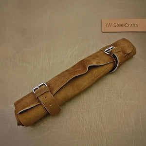 5-Piece Damascus Knife Set Orange Black Pakka Wood Handles with Hammered Tsuchime Blades detail view by JW SteelCrafts