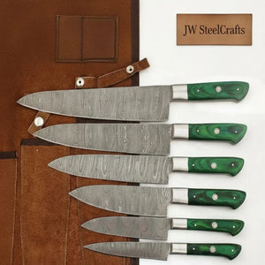 6-piece handmade Damascus chef knife set with green pakkawood handles by JW SteelCrafts