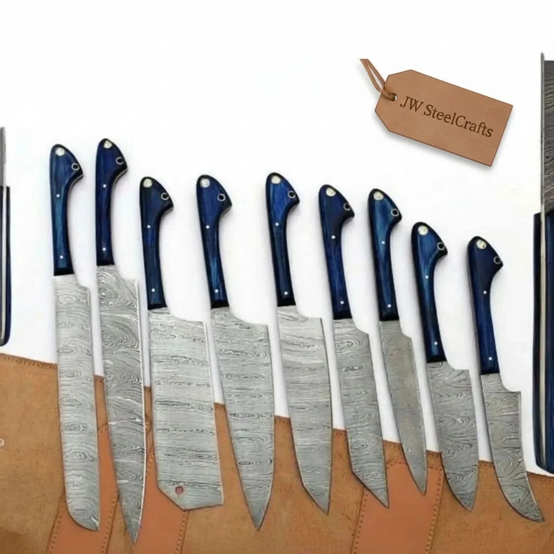 9-Piece Damascus Kitchen Knife Set with Leather Roll and Blue Pakka Wood Handles by JW SteelCrafts