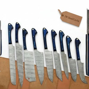 9-Piece Damascus Kitchen Knife Set with Leather Roll and Blue Pakka Wood Handles by JW SteelCrafts