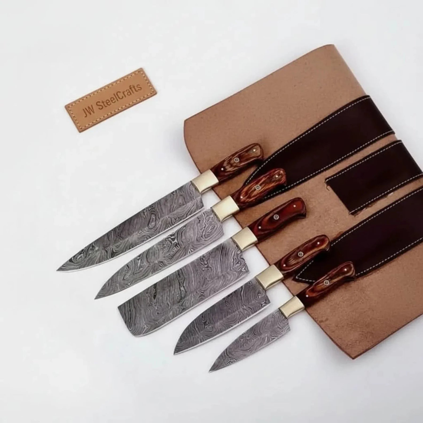 5-Piece Forged Damascus Culinary Knife Set with Pakka Wood Handles and Wood Grain Blades detail view by JW SteelCrafts