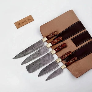 5-Piece Forged Damascus Culinary Knife Set with Pakka Wood Handles and Wood Grain Blades detail view by JW SteelCrafts