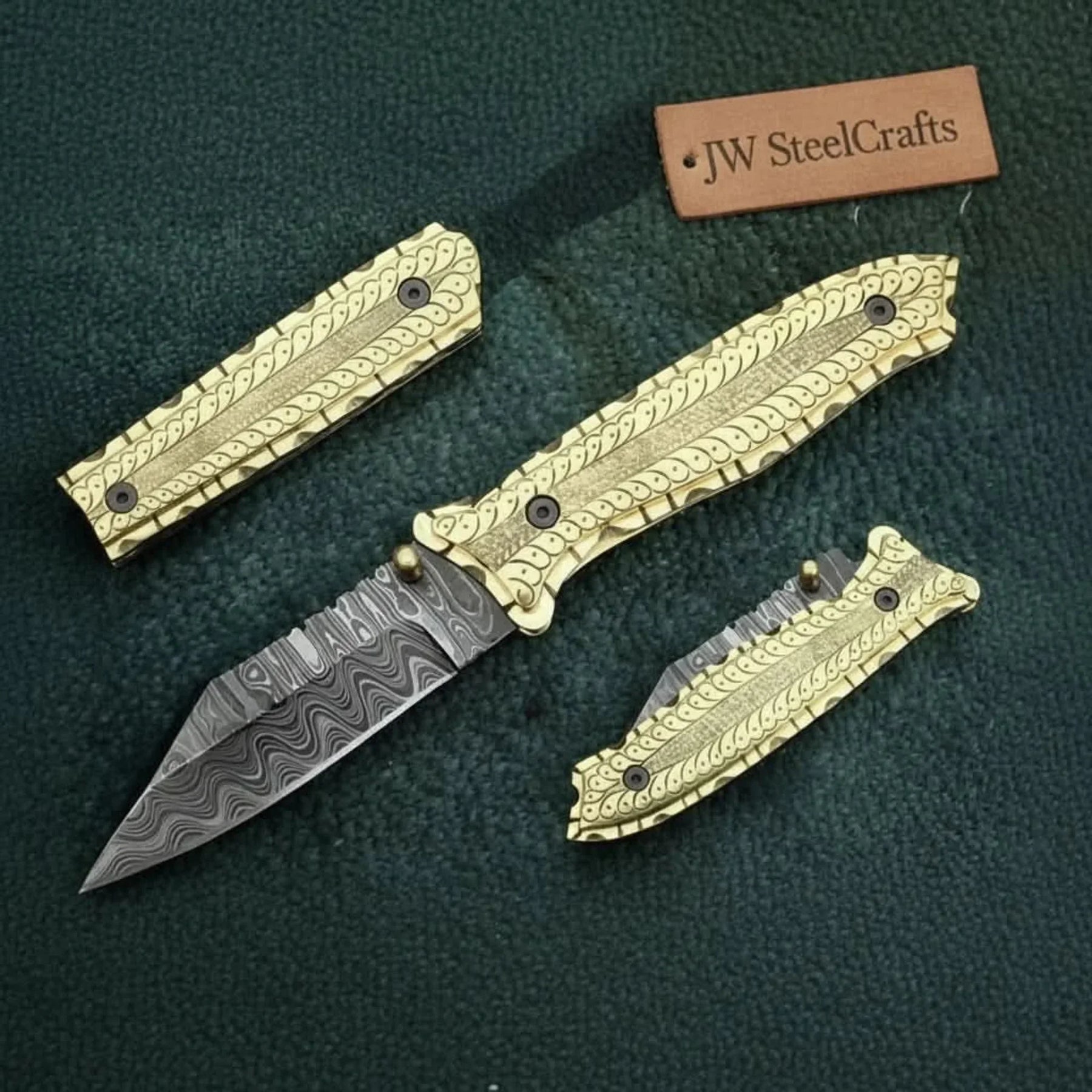 Hand-Engraved Damascus Folding Knife with Brass Handle & Leather Sheath by JW SteelCrafts