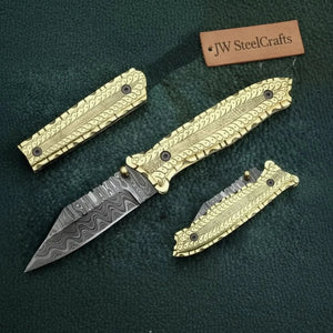 Handmade Damascus Steel Folding Knife with Olive Wood Handle – Brass Liner Pocket Knife detail view by JW SteelCrafts