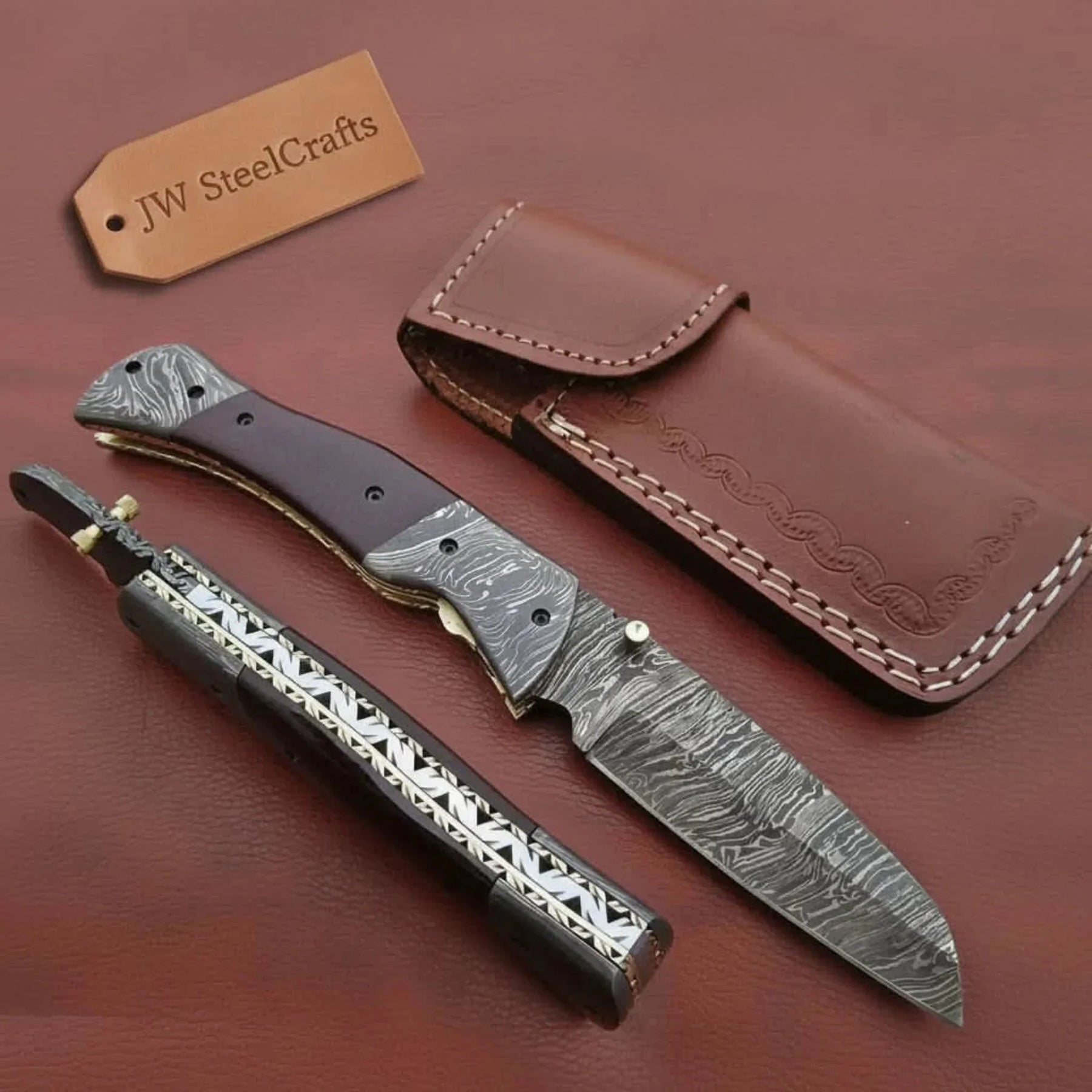 Handmade Damascus Steel Folding Knife – Matte Black Handle with Brass Liner & Thumb Stud | JW SteelCrafts by JW SteelCrafts