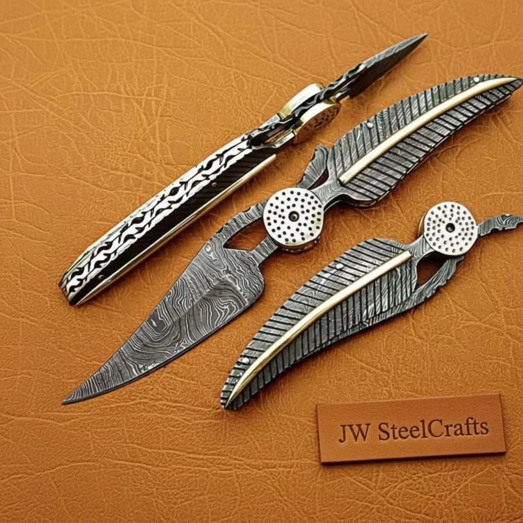 Damascus Steel Folding Knife with Sculpted Feather Handle & Brass Inlay | Handcrafted EDC Pocket Knife by JW SteelCrafts