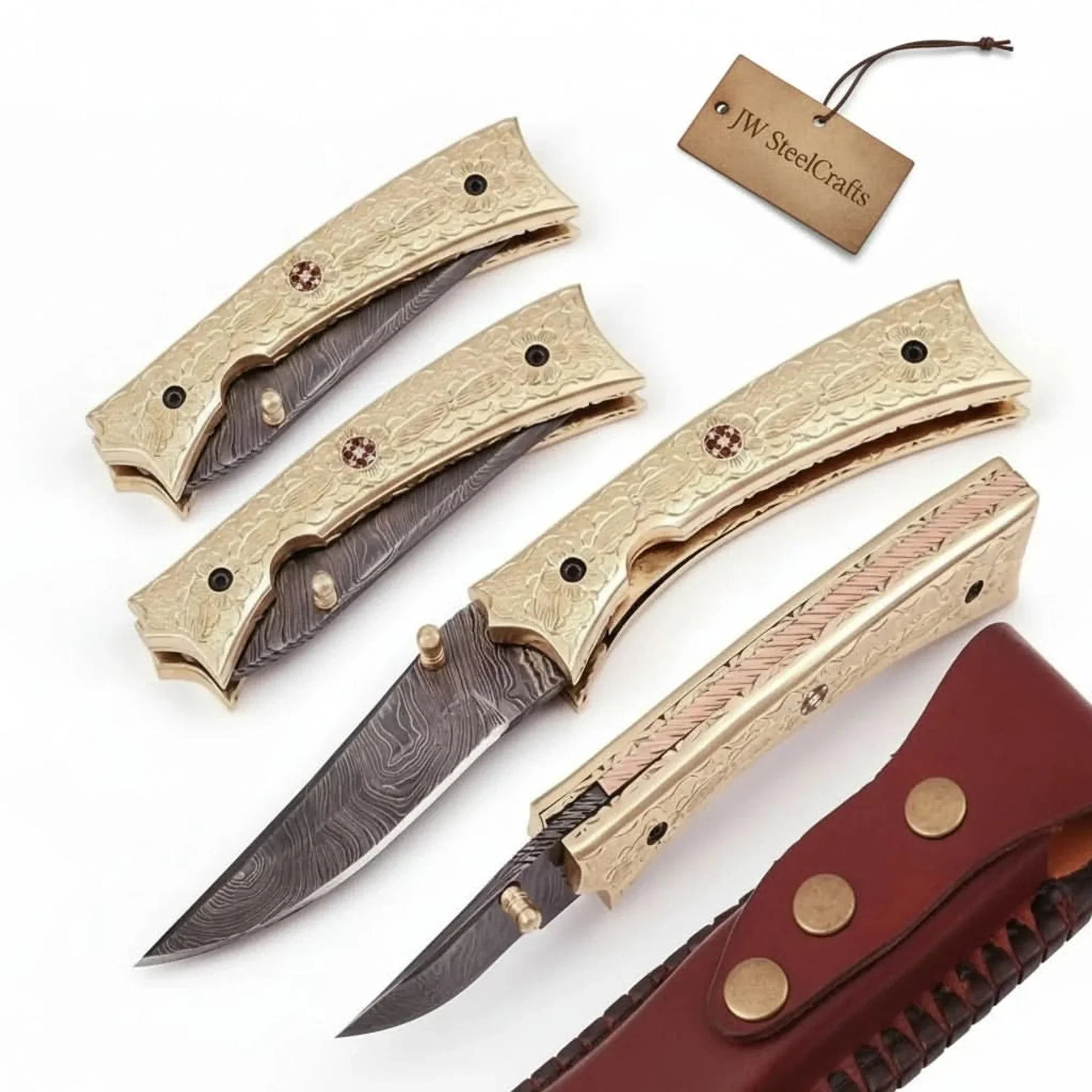 Handmade Damascus Folding Knife with Engraved Brass Handle & Precision Lock | JW SteelCrafts by JW SteelCrafts