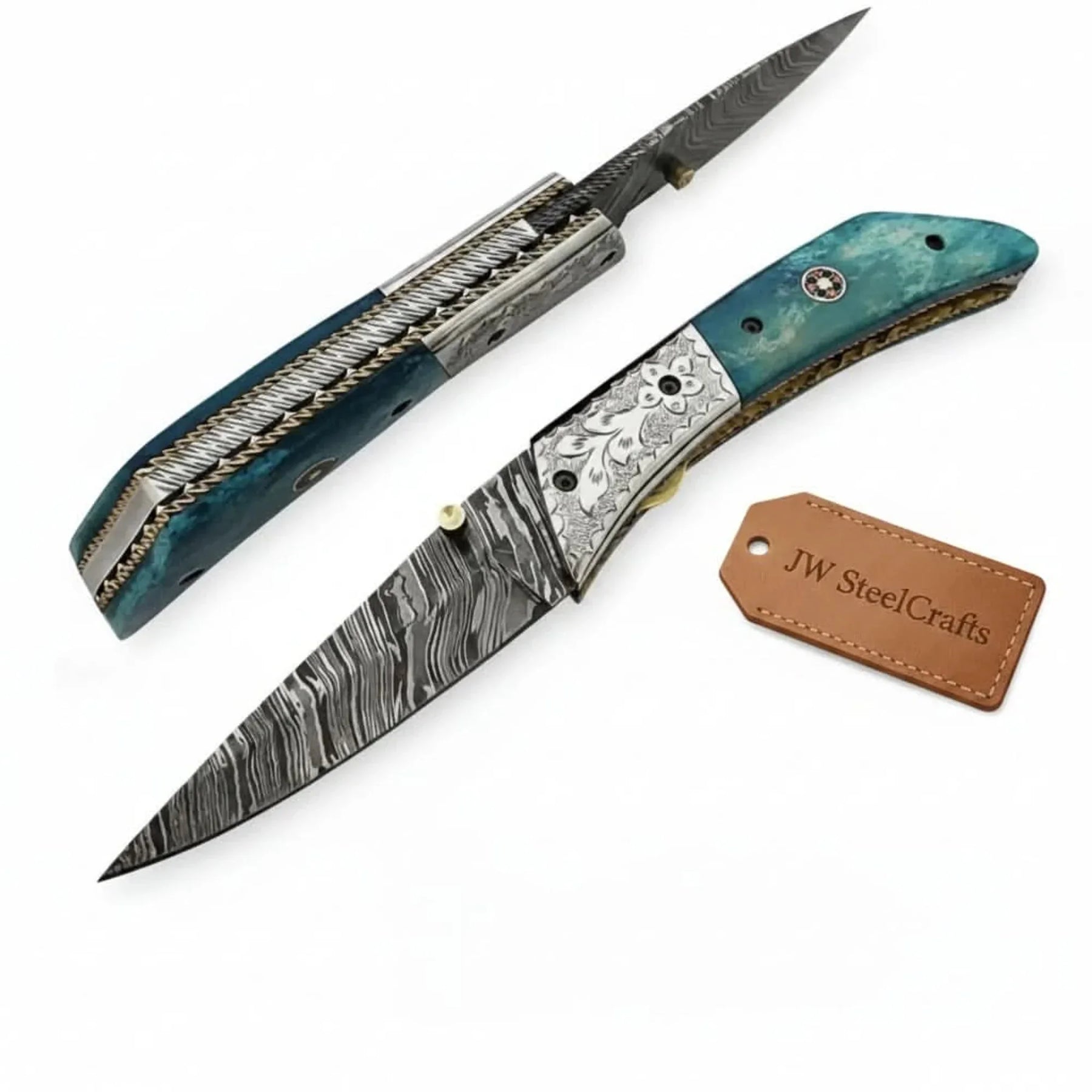 Handmade Damascus Steel Folding Knife with Teal Wood Handle & Engraved Bolster by JW SteelCrafts