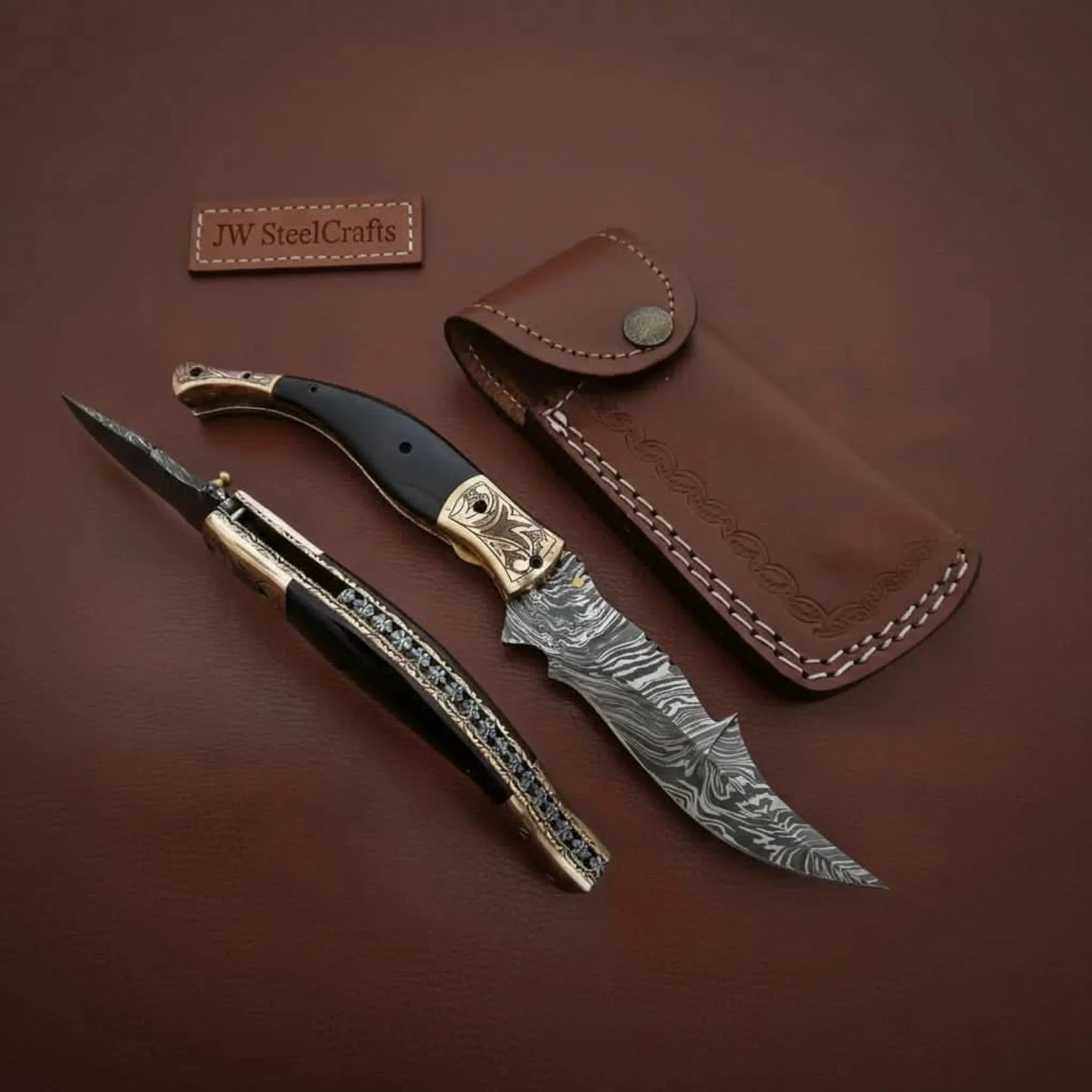 Handmade Damascus Steel Folding Knife with Teal Handle, Engraved Bolster & Leather Sheath by JW SteelCrafts