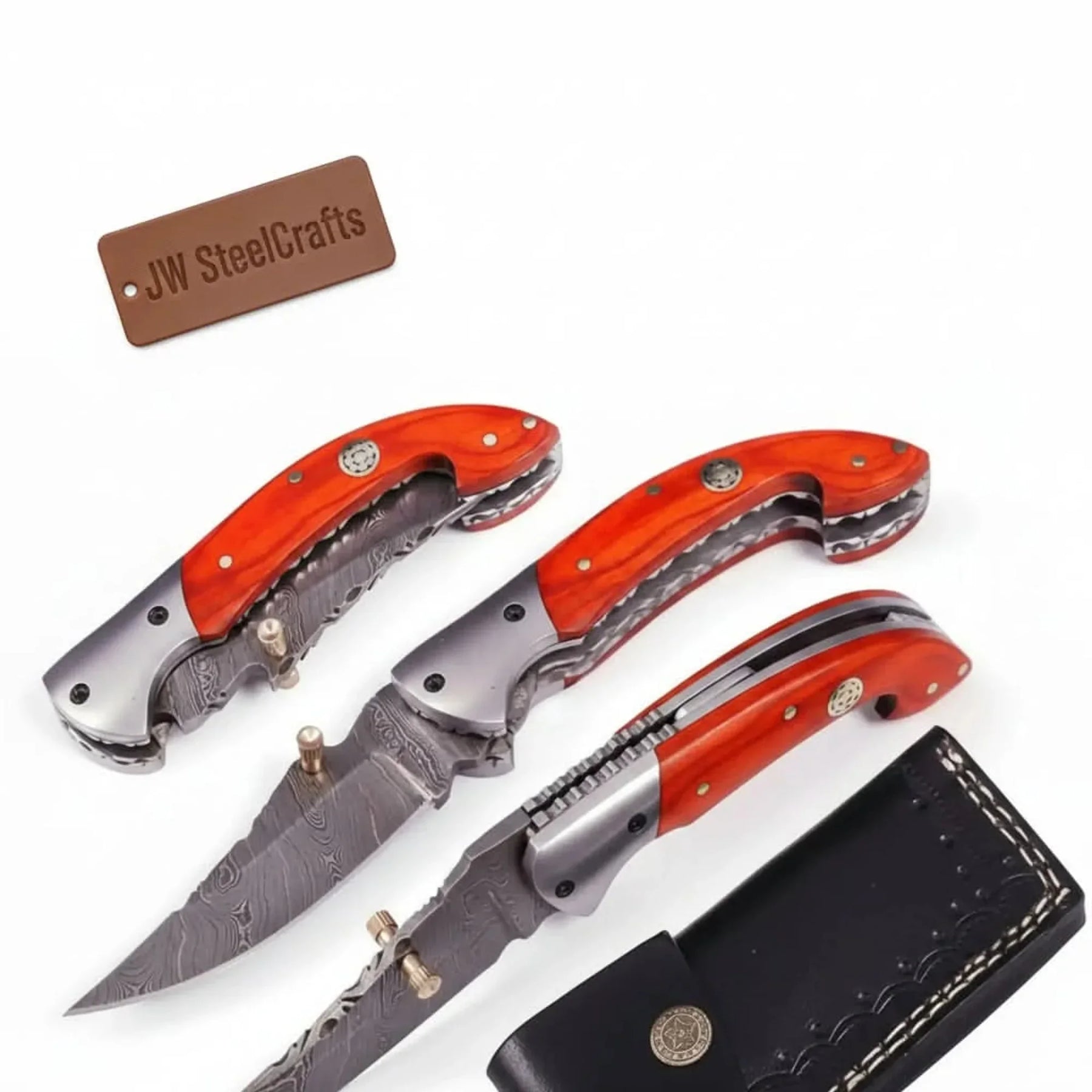 Handmade Damascus Folding Knife with Orange Pakka Wood Handle & Leather Sheath by JW SteelCrafts