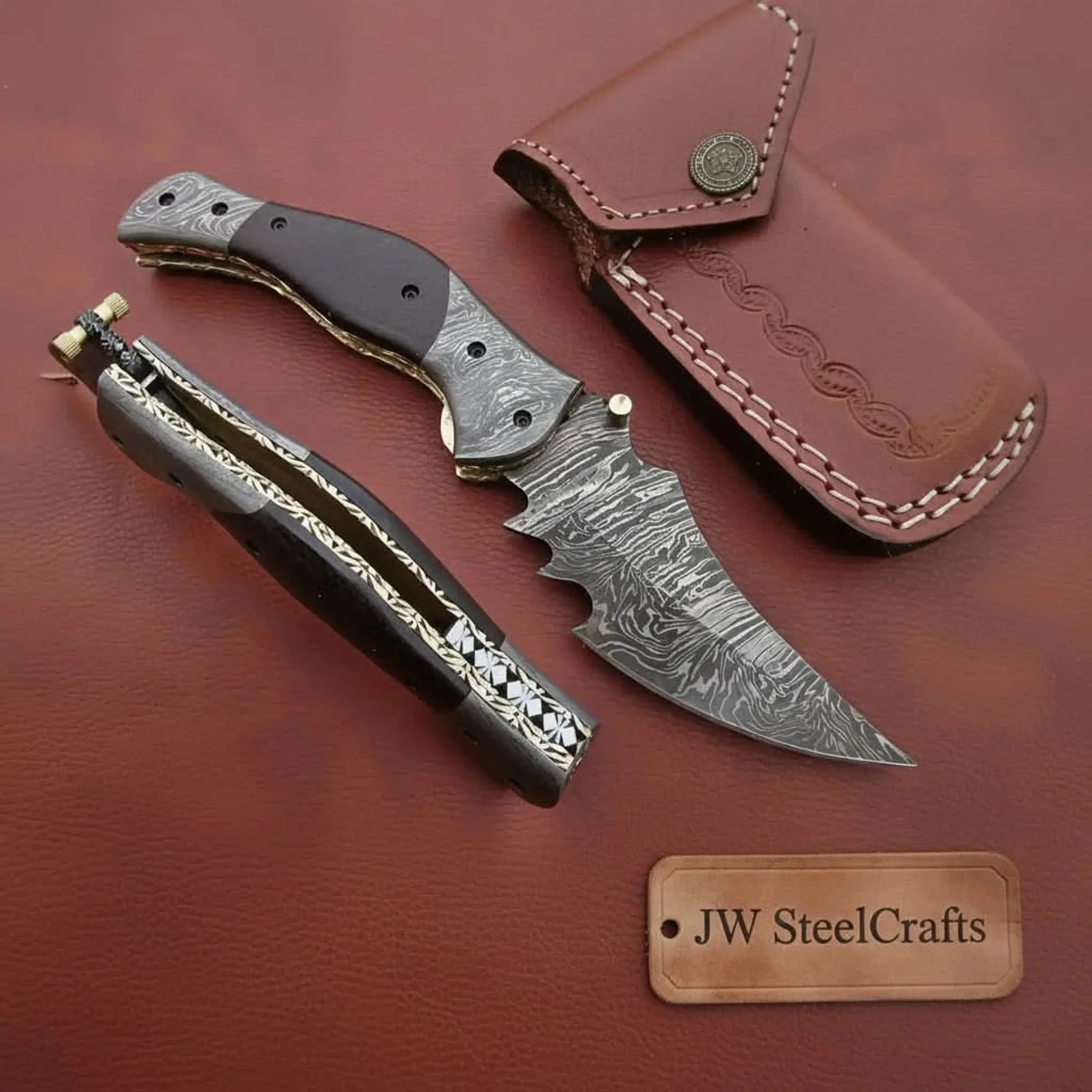 Outback Tracker Damascus Folding Knife with Jimped Spine by JW SteelCrafts