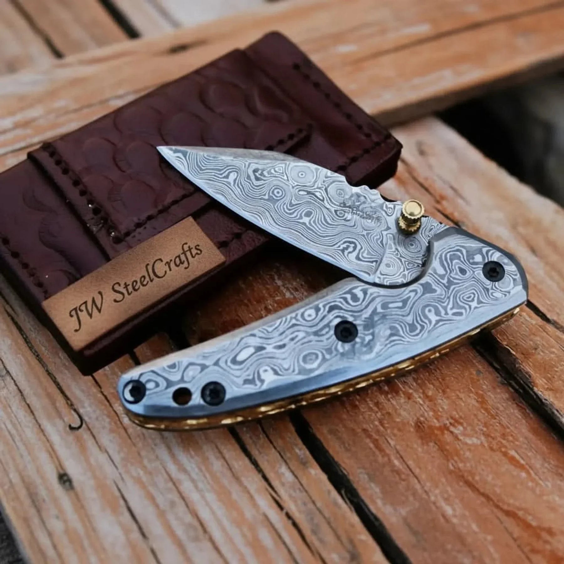 Handmade Damascus Steel Folding Knife with Dark Wood Handle & Leather Sheath by JW SteelCrafts