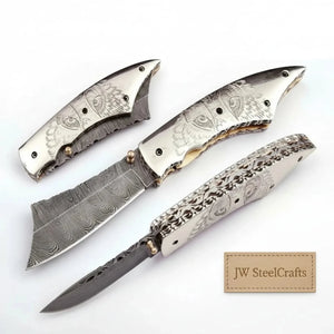 Hand Engraved Damascus Folding Knife with Skull Design & Brass Liners – Collector Pocket Knife by JW SteelCrafts