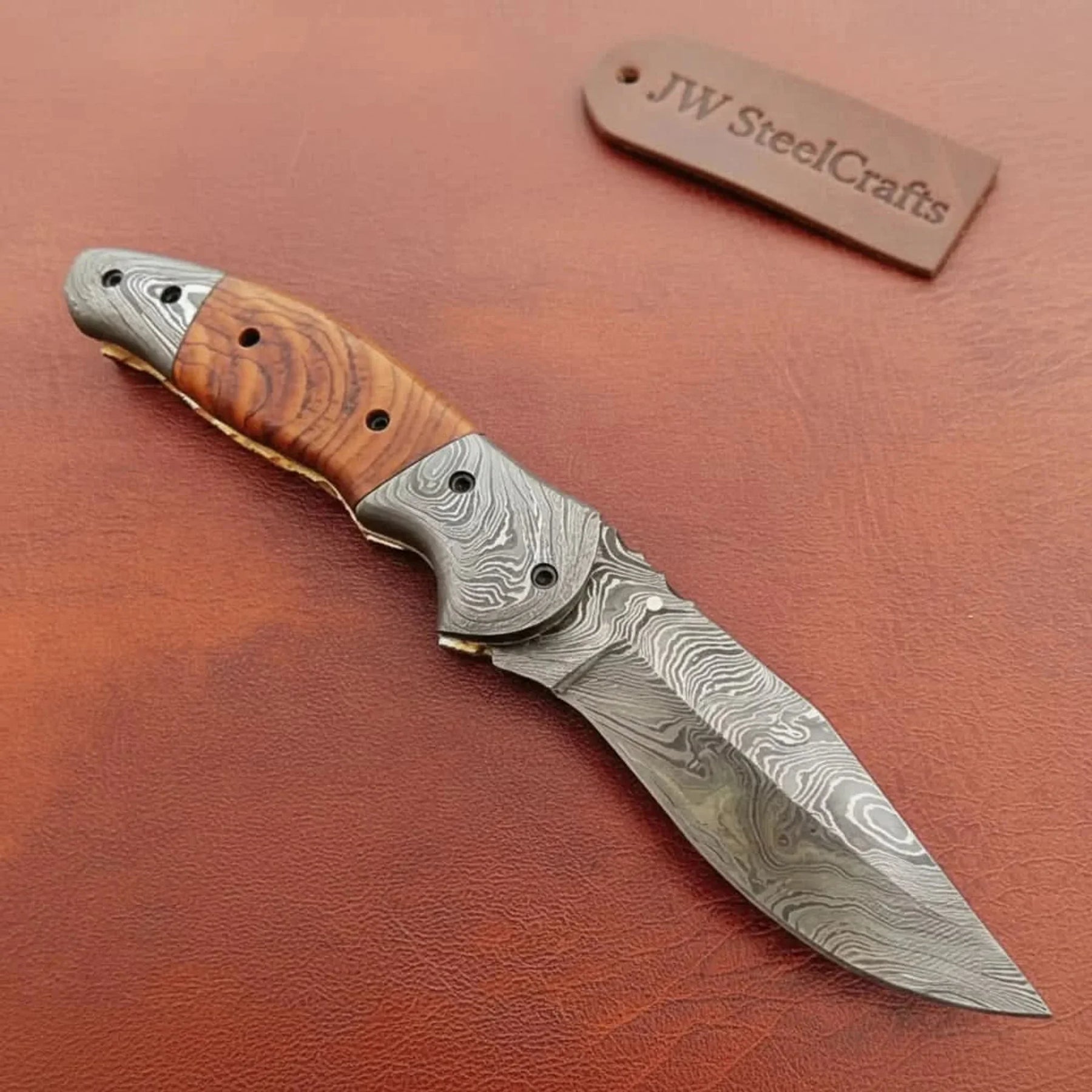 Handmade Damascus Steel Folding Knife with Amber Burl Wood Handle – Custom Pocket Knife by JW SteelCrafts by JW SteelCrafts