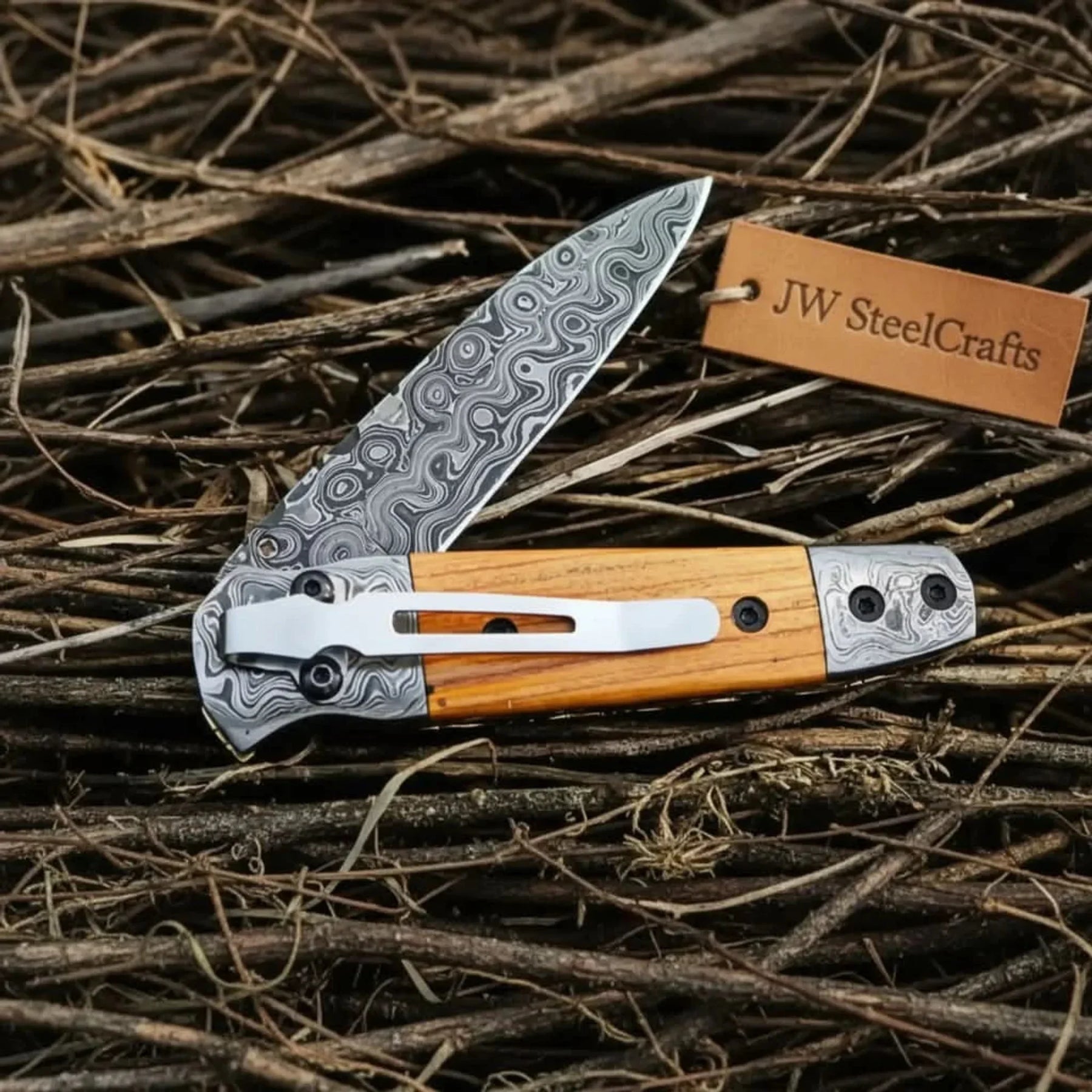 Damascus Steel Folding Knife with Olive Wood Handle by JW SteelCrafts