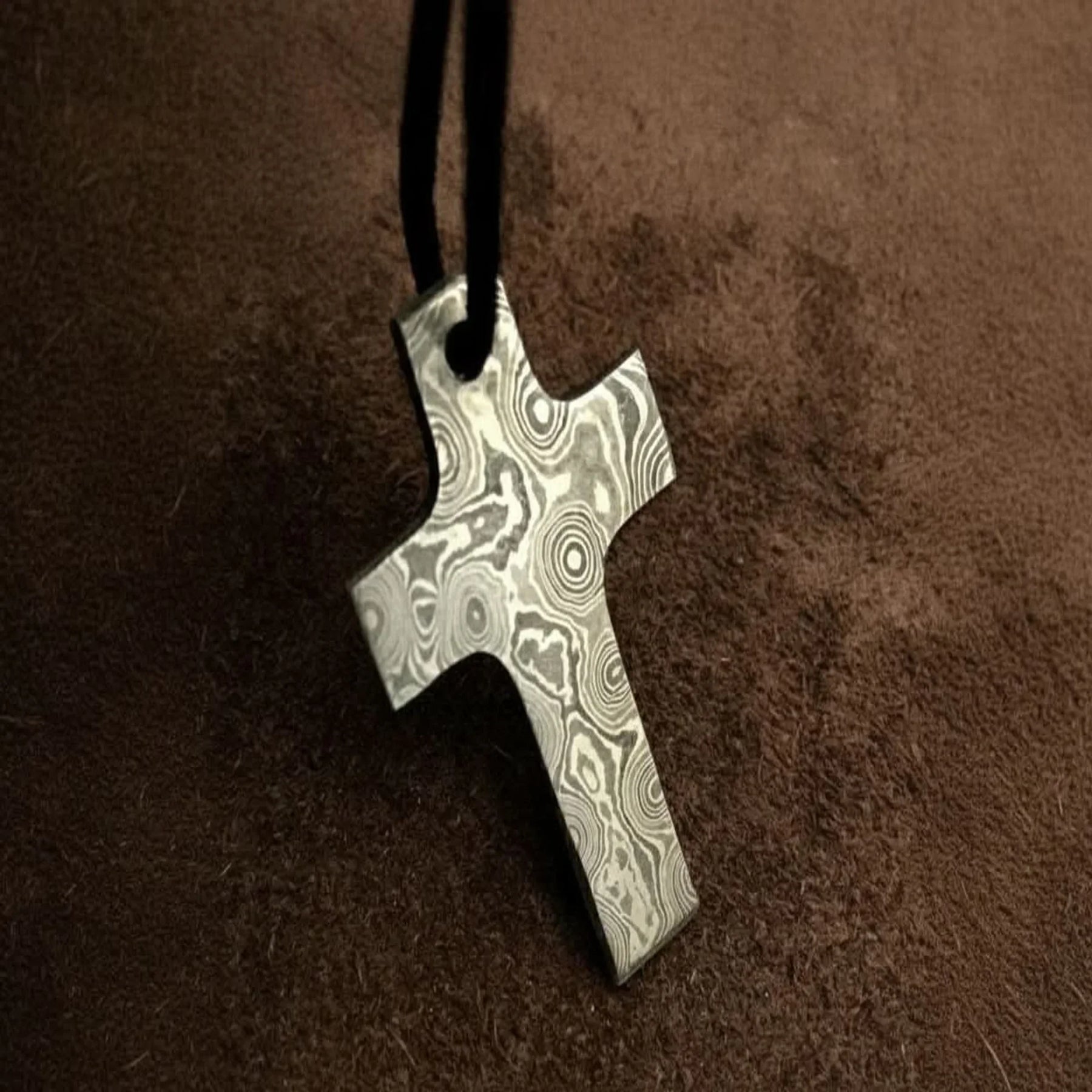 Damascus Latin Cross Pendant in Raindrop Pattern Steel by JW SteelCrafts