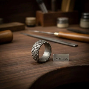 Quilted Pattern Damascus Ring with Cross Hatched Diamond Grid Texture by JW SteelCrafts