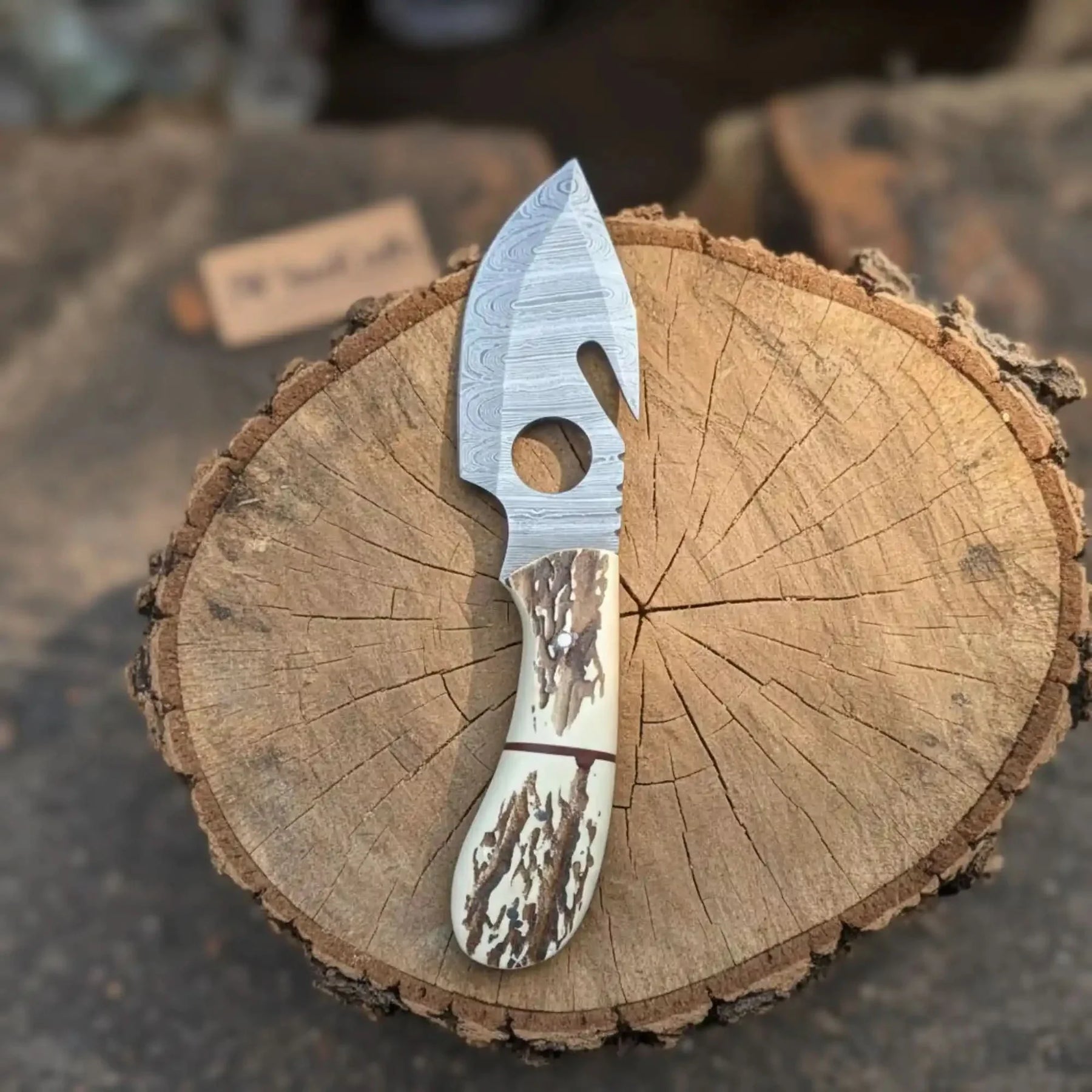 Handmade Damascus Gut Hook Skinner Hunting Knife Fixed Blade Synthetic Stag Handle with Thumb Hole by JW SteelCrafts, Damascus knife detail photo 4