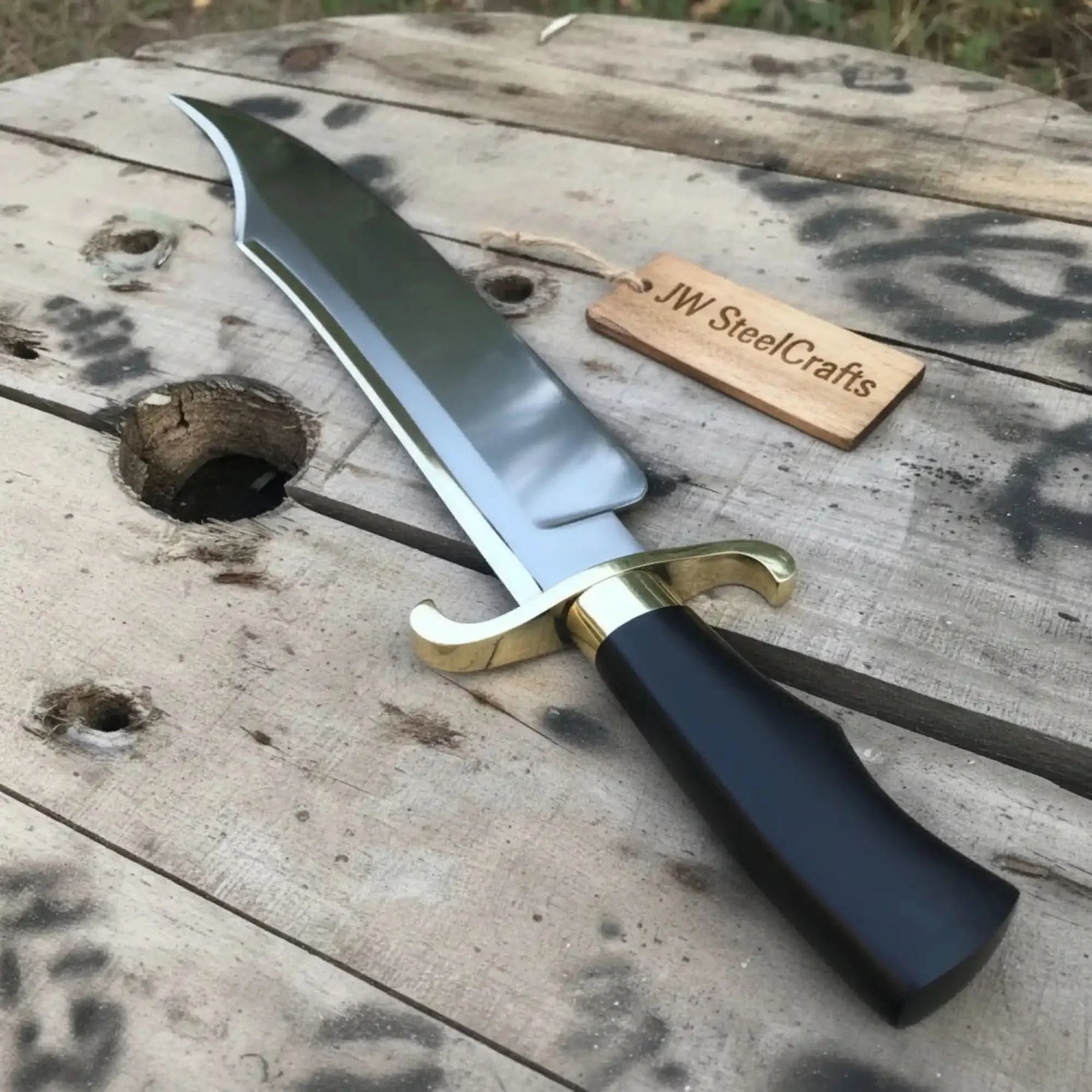 Carbon Steel 10-Inch Clip Point Bowie Knife — Black Handle, Brass S-Guard & Mirror Polished Blade by JW SteelCrafts, Damascus knife detail photo 4