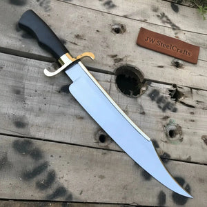 Carbon Steel 10-Inch Clip Point Bowie Knife — Black Handle, Brass S-Guard & Mirror Polished Blade by JW SteelCrafts, Damascus knife main product photo