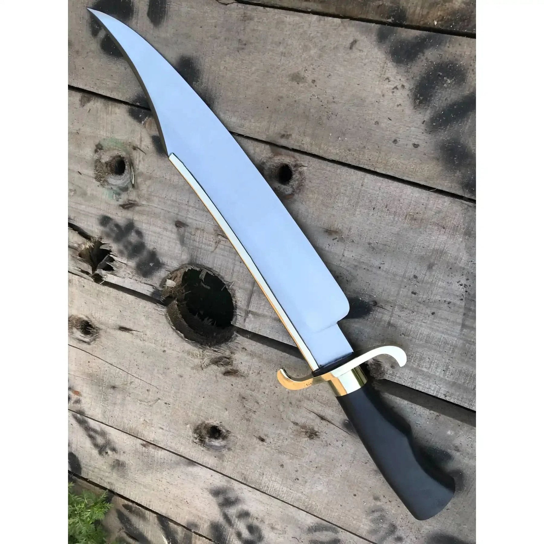 Carbon Steel 10-Inch Clip Point Bowie Knife — Black Handle, Brass S-Guard & Mirror Polished Blade by JW SteelCrafts, Damascus knife detail photo 3