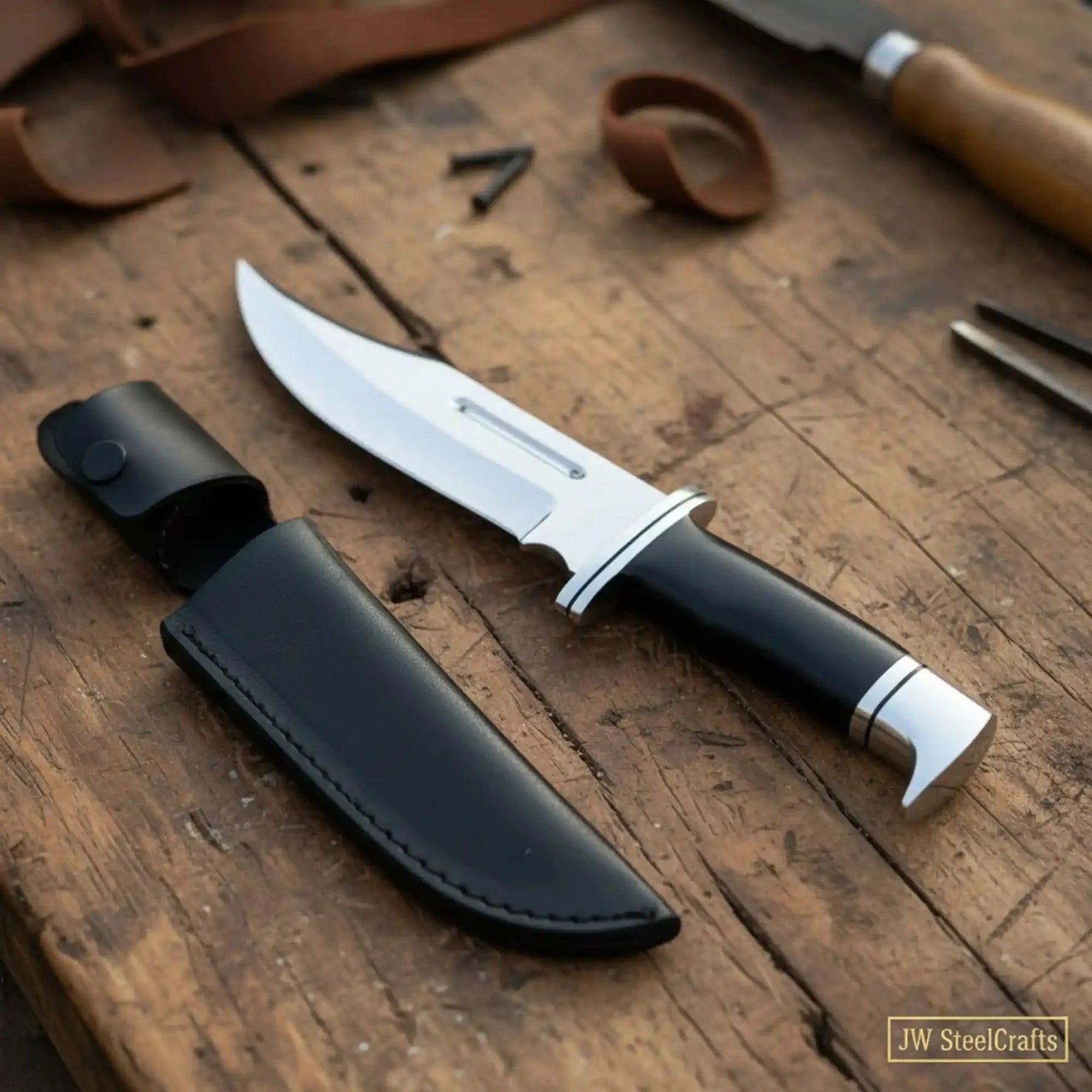 Carbon Steel Clip Point Bowie Knife — Black Resin Handle, Steel Guard, Steel Pommel & Mirror Polished Blade by JW SteelCrafts, Damascus knife detail photo 3