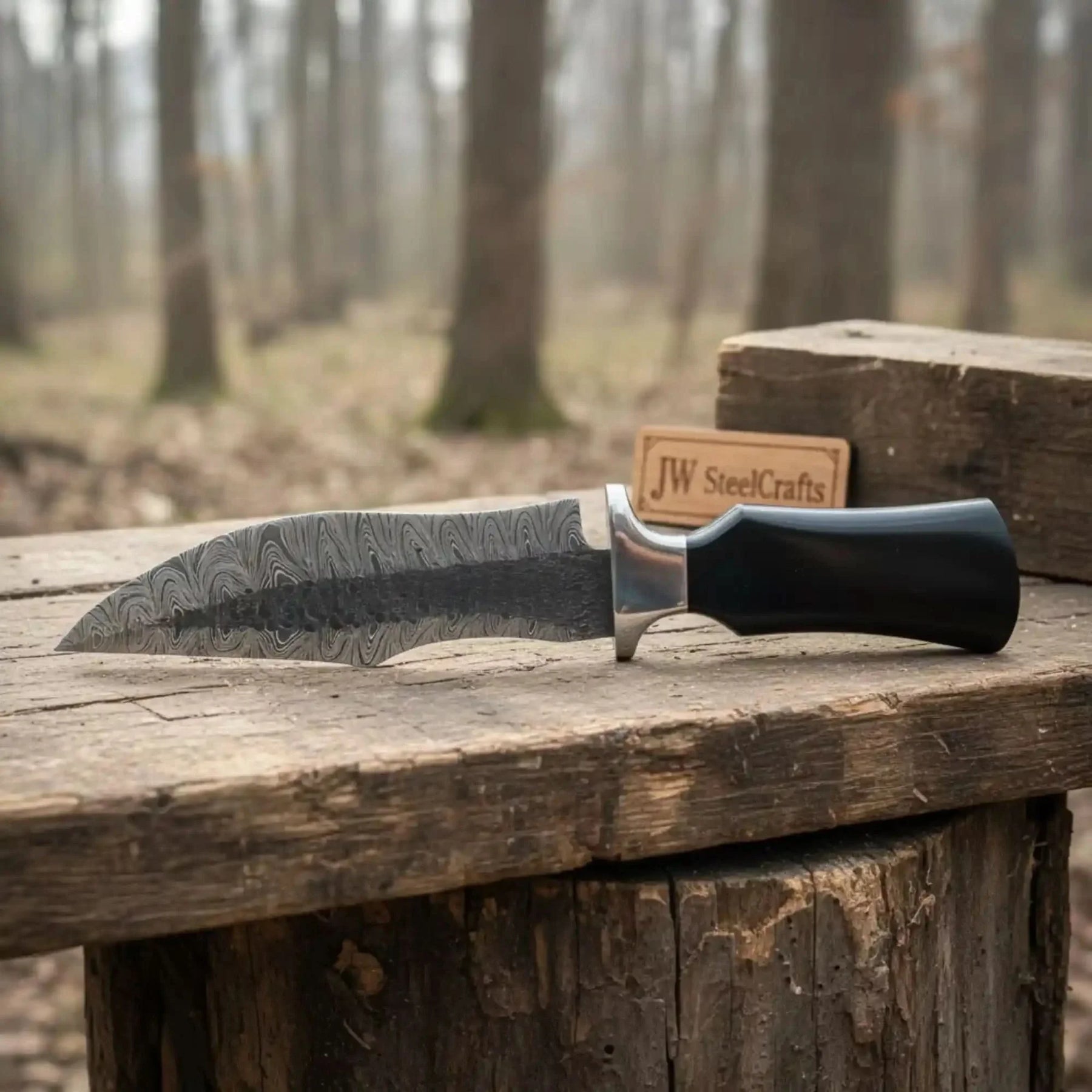 Damascus Trailing Point Fixed Blade Hunting Knife — Forged Ladder Pattern Blade, Black Resin Handle & Steel Guard by JW SteelCrafts, Damascus knife detail photo 3