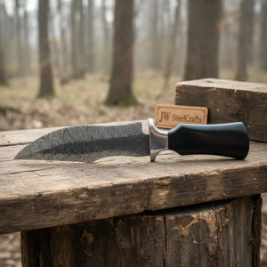 Damascus Trailing Point Fixed Blade Hunting Knife — Forged Ladder Pattern Blade, Black Resin Handle & Steel Guard by JW SteelCrafts, Damascus knife detail photo 3