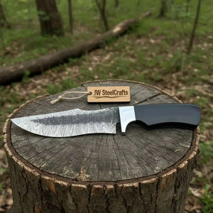 Damascus Trailing Point Fixed Blade Hunting Knife — Forged Ladder Pattern Blade, Black Resin Handle & Steel Guard by JW SteelCrafts, Damascus knife detail photo 4