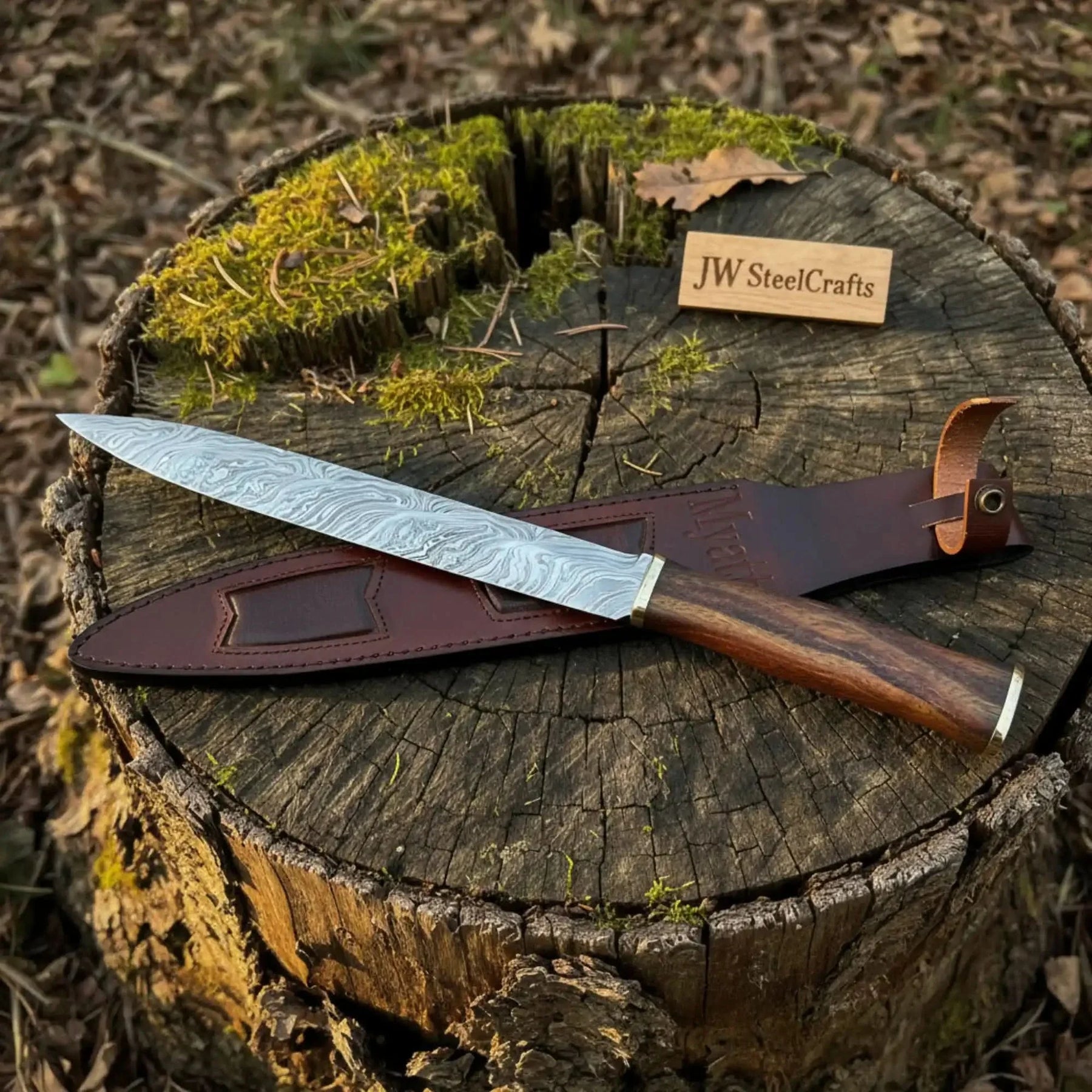 15-Inch Damascus Seax Knife — 10-Inch Wave Pattern Blade, Rosewood Handle by JW SteelCrafts, Damascus knife detail photo 3