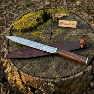 15-Inch Damascus Seax Knife — 10-Inch Wave Pattern Blade, Rosewood Handle by JW SteelCrafts, Damascus knife detail photo 3