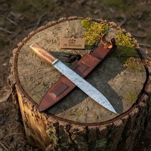 15-Inch Damascus Seax Knife — 10-Inch Wave Pattern Blade, Rosewood Handle by JW SteelCrafts, Damascus knife main product photo