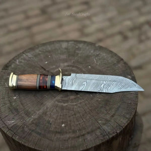Handmade Damascus Steel Bowie Knife Stacked Leather Handle with Brass Fittings by JW SteelCrafts, Damascus knife detail photo 3