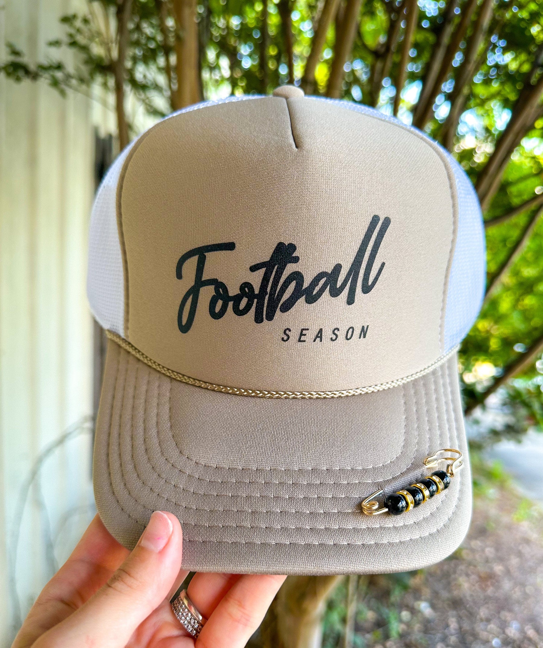 Football Season Khaki/White Trucker Hat by Southern Bliss Company