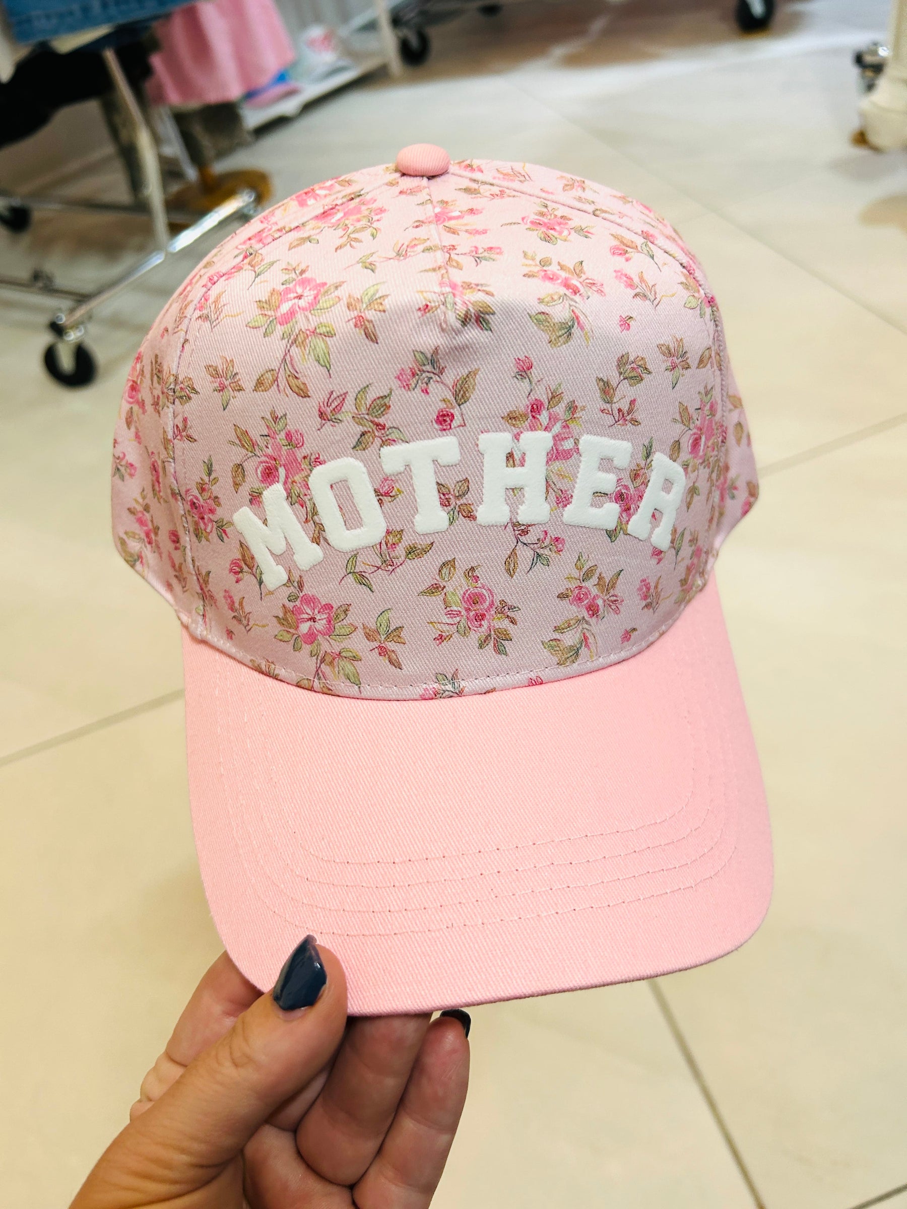 Mother Floral Light Pink Trucker Hat by Southern Bliss Company, Southern lifestyle apparel detail photo 3