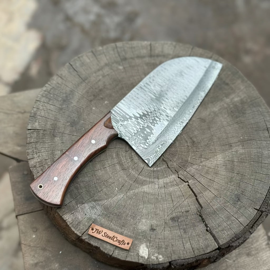10-Inch Damascus Camp Cleaver — 5.5 Inch Blade, Tali Wood Handle, Silver Pins & Black Spacer by JW SteelCrafts, Southern handmade gift detail photo 3