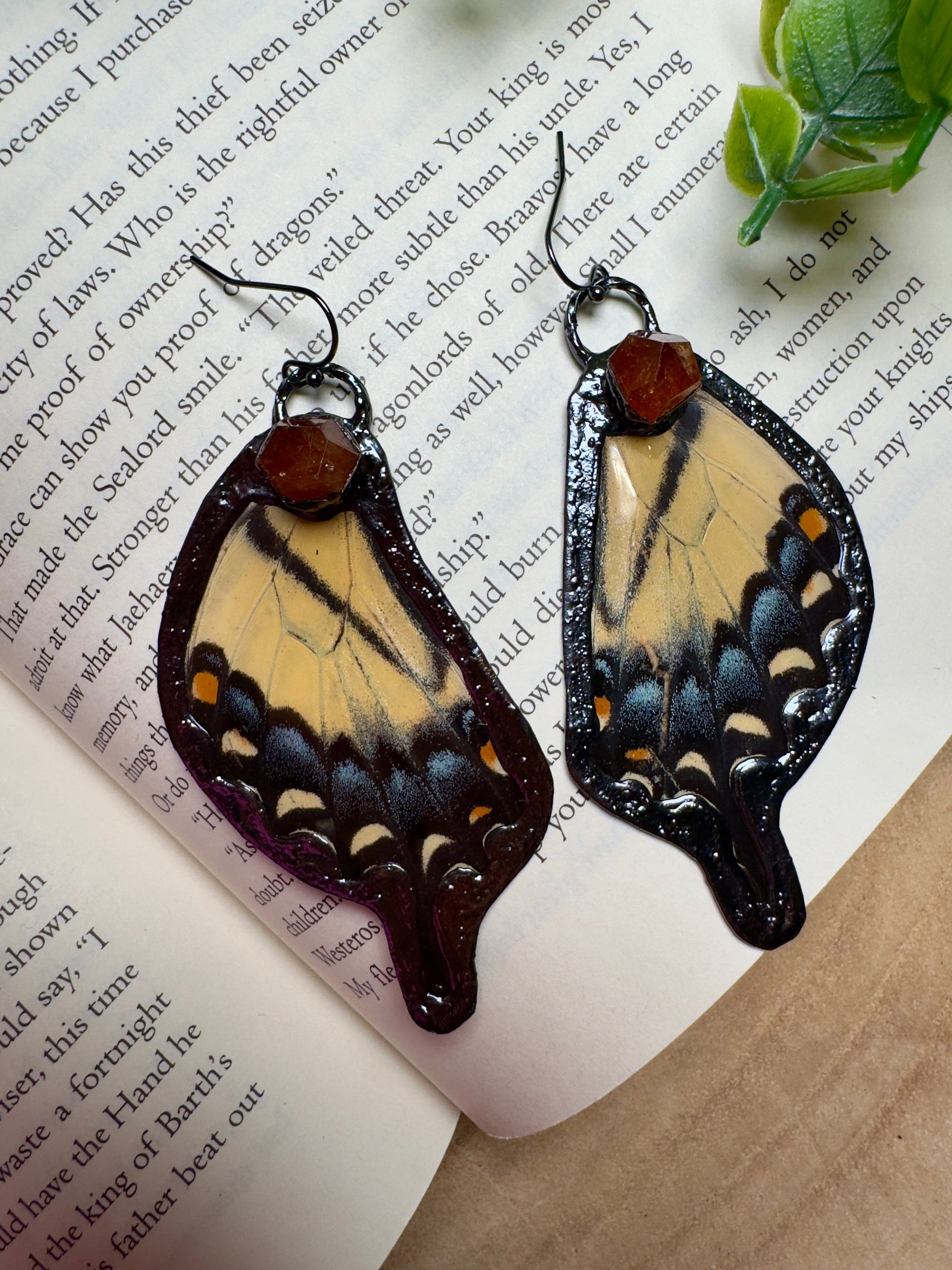 Butterfly Wing and Orange Garnet Earrings by Copper Ashes