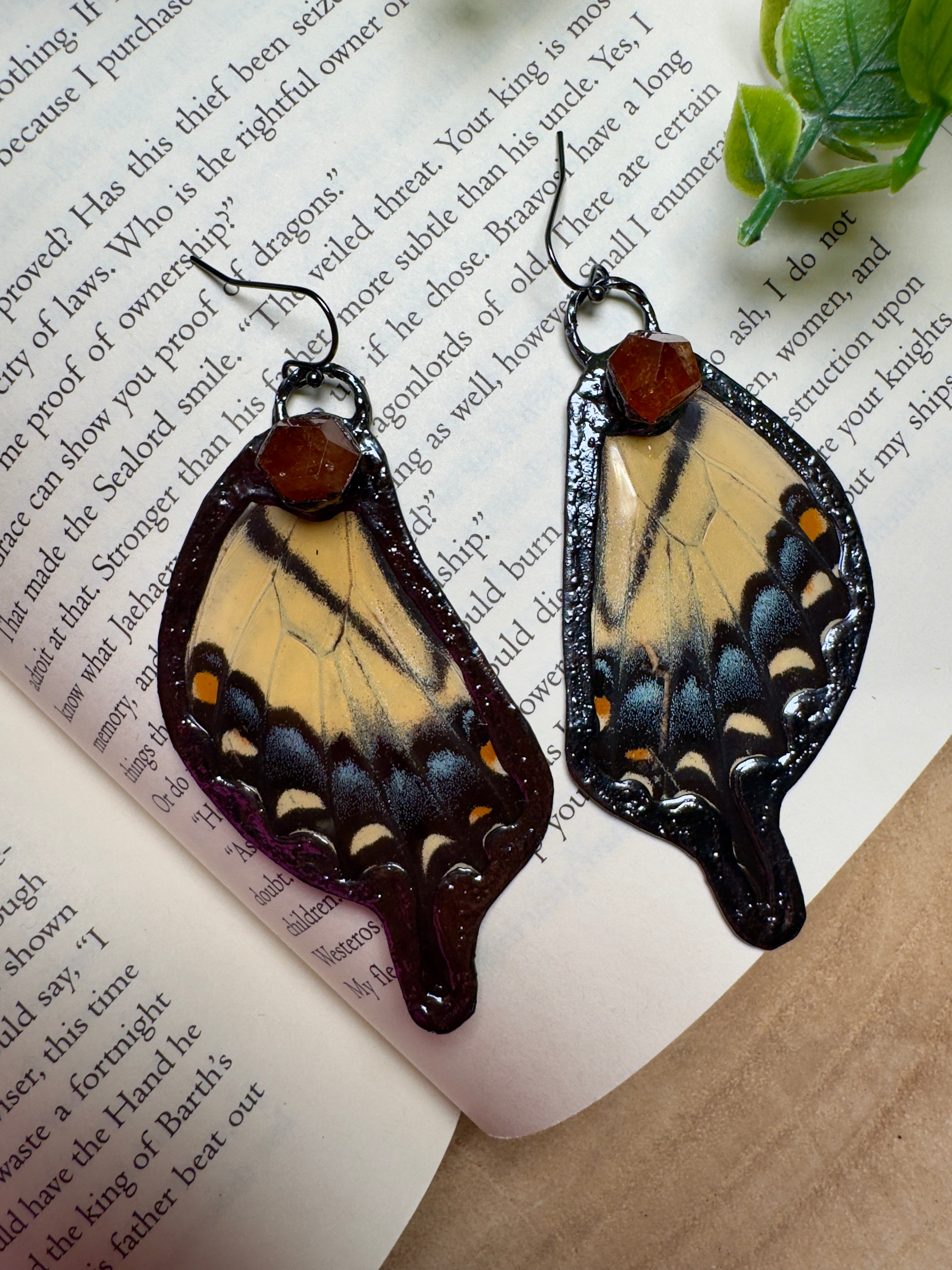 Butterfly Wing and Orange Garnet Earrings by Copper Ashes