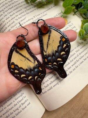 Butterfly Wing and Orange Garnet Earrings detail view by Copper Ashes