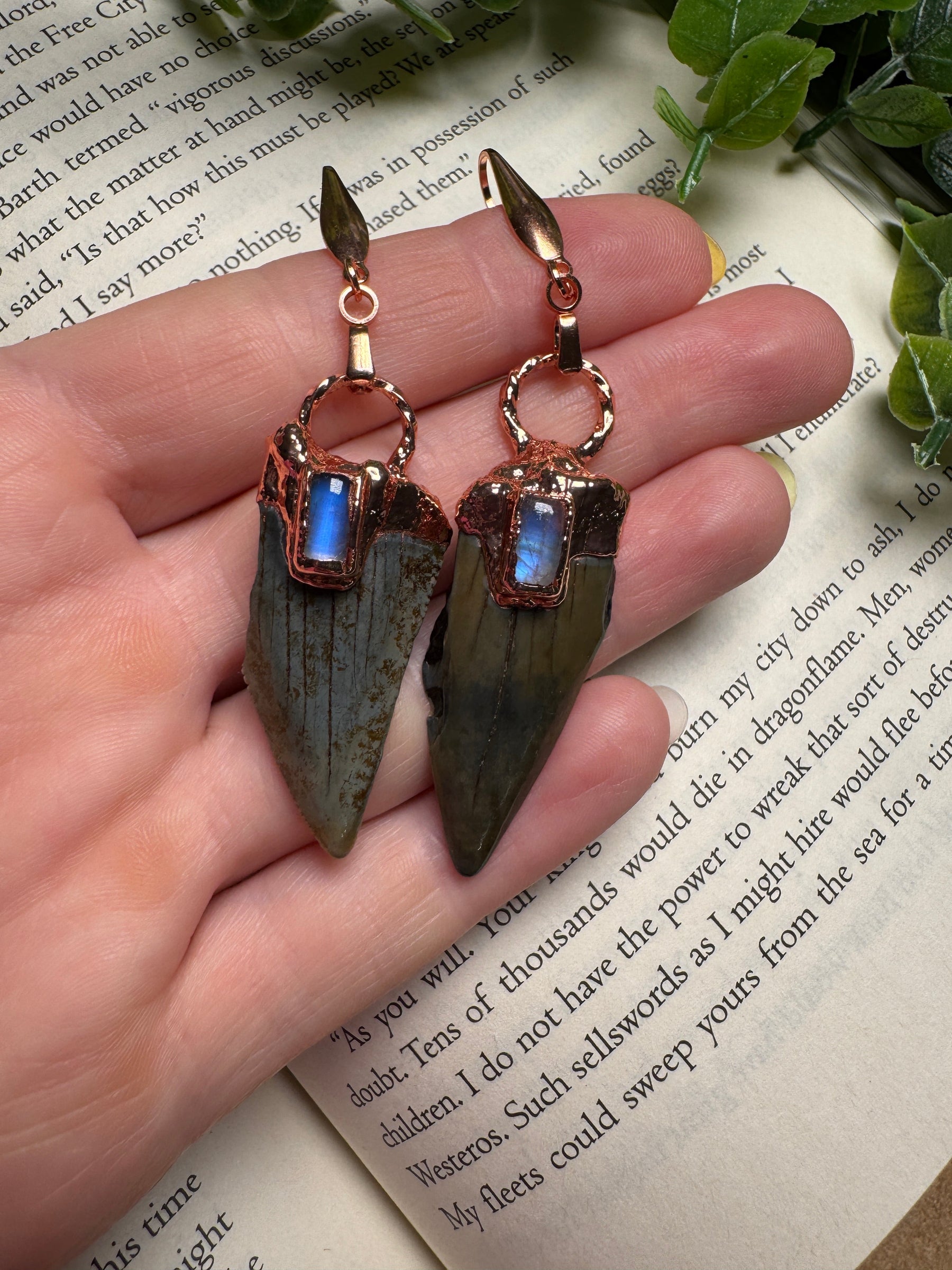 Sharks Teeth and Moonstone Earrings detail view by Copper Ashes
