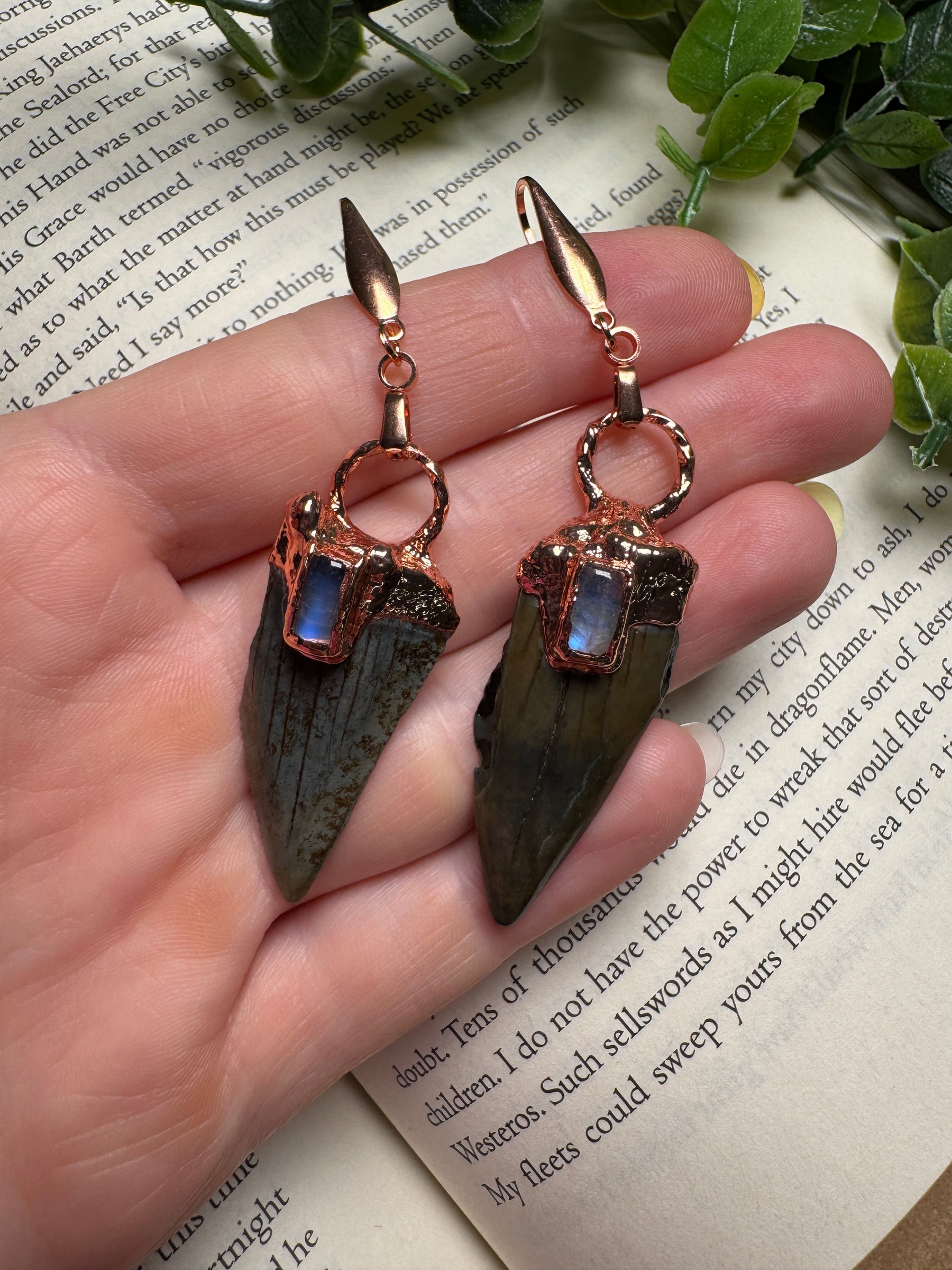 Sharks Teeth and Moonstone Earrings detail view by Copper Ashes