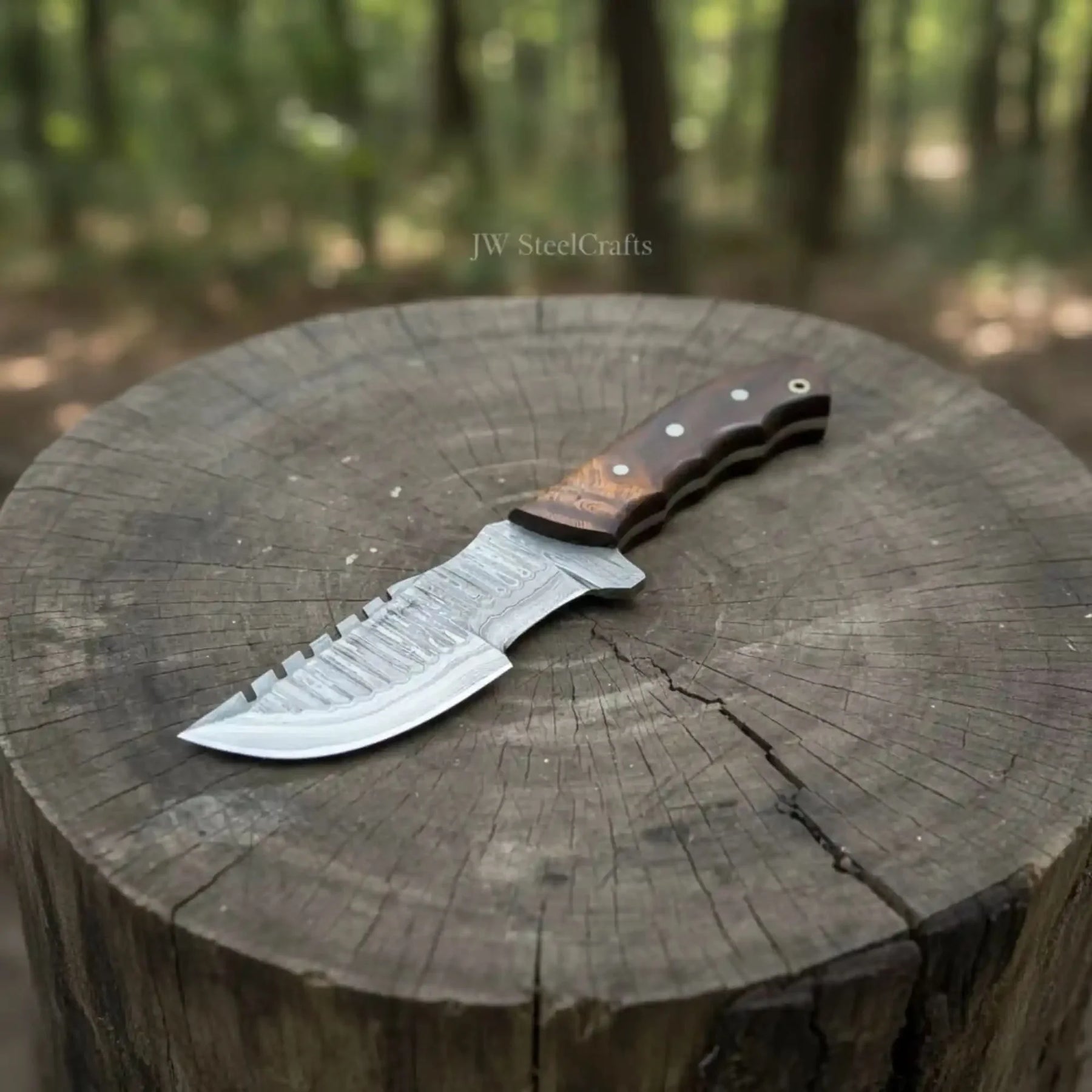 Damascus Tracker Knife Multi Edge Fixed Blade Sawback Outdoor Tool by JW SteelCrafts, Damascus knife detail photo 3