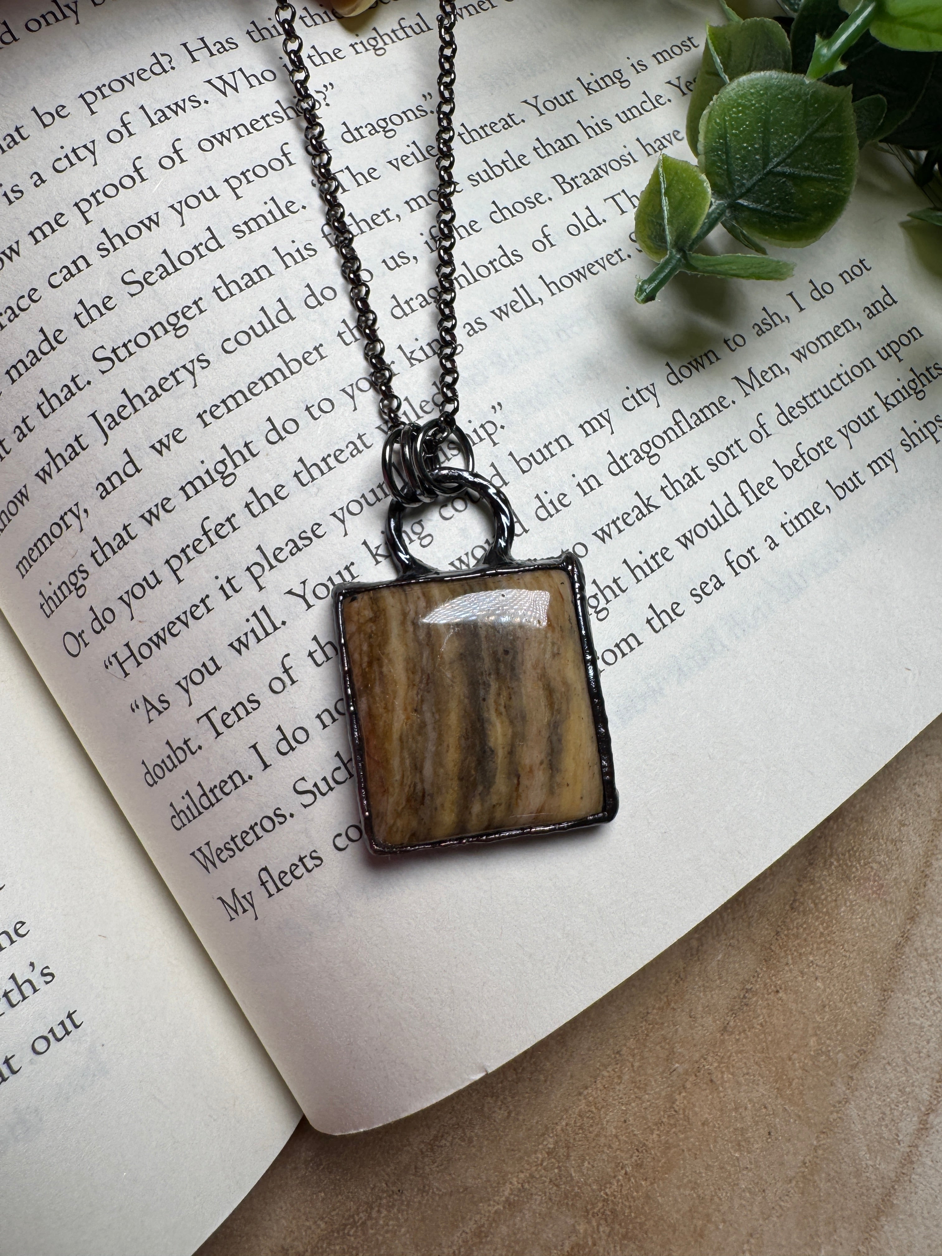 Black Moonstone Necklace detail view by Copper Ashes