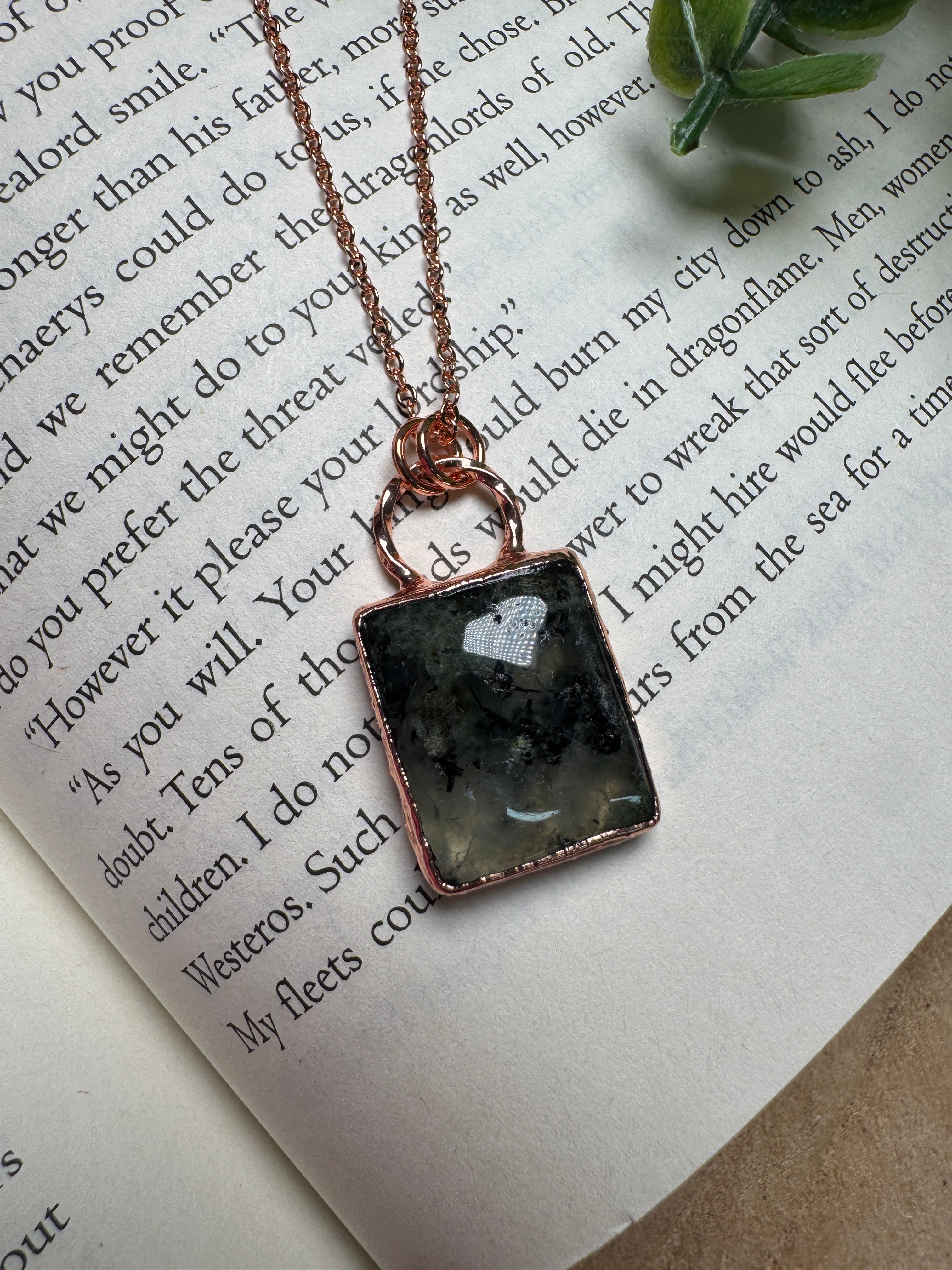Prehnite Necklace detail view by Copper Ashes